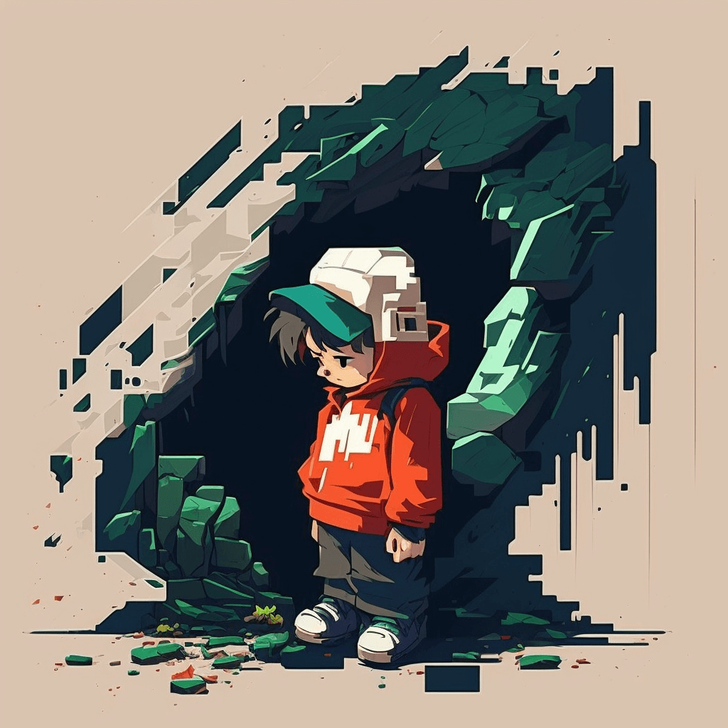 Boy burned out standing infront of cave